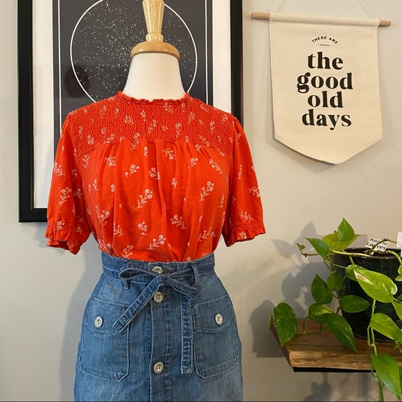 Lucky Brand Tops - Lowest Price Lucky Brand Bright Red White Dainty Floral Knit Smocked Blouse